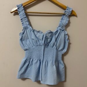 (XS-S) boutique light blue front tie smocked ruffle cap sleeve tank top